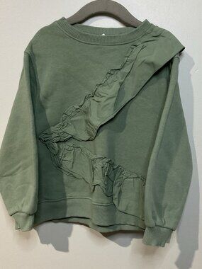 ZARA Girls Long Sleeve Ruffle Trim Cotton Sweatshirt Size 6 Sage Green Pullover